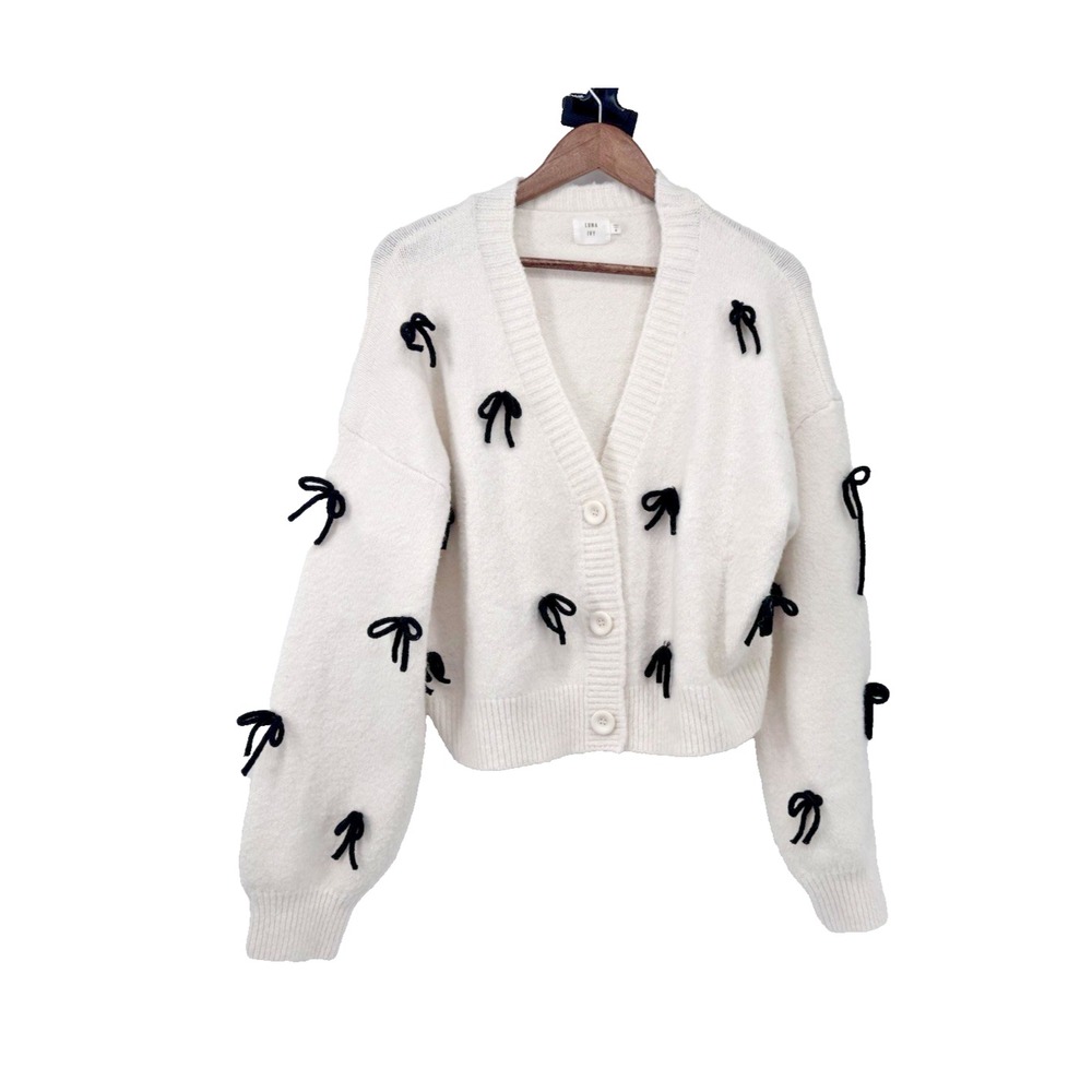 Luna Ivy Cream Cardigan Black Bow Applique Fuzzy Cropped Sweater Coquette Size M